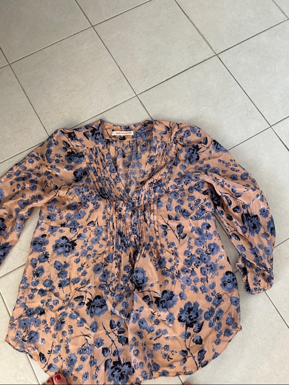 Rebecca Taylor Peach Pink Blouse with Blue Floral Print